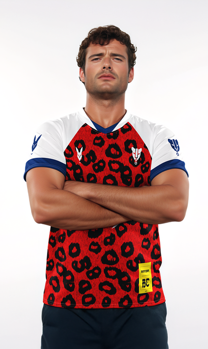 Fierce Red Leopard Print Football Jersey – Bold Royalty Meets Streetwear